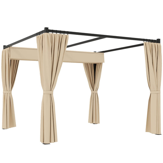 Outsunny 3 x 3(m) Rozsuwana pergola, altana ogrodowa z zasłonami, do grilla, na patio, pokład, beżowa
