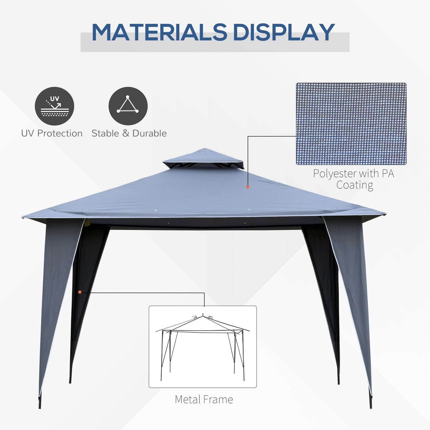 Outsunny 3.5 x 3.5m Side-Less Outdoor Canopy Tent Gazebo w/ 2-Tier Roof Steel Frame Garden Party Gathering Shelter Grey