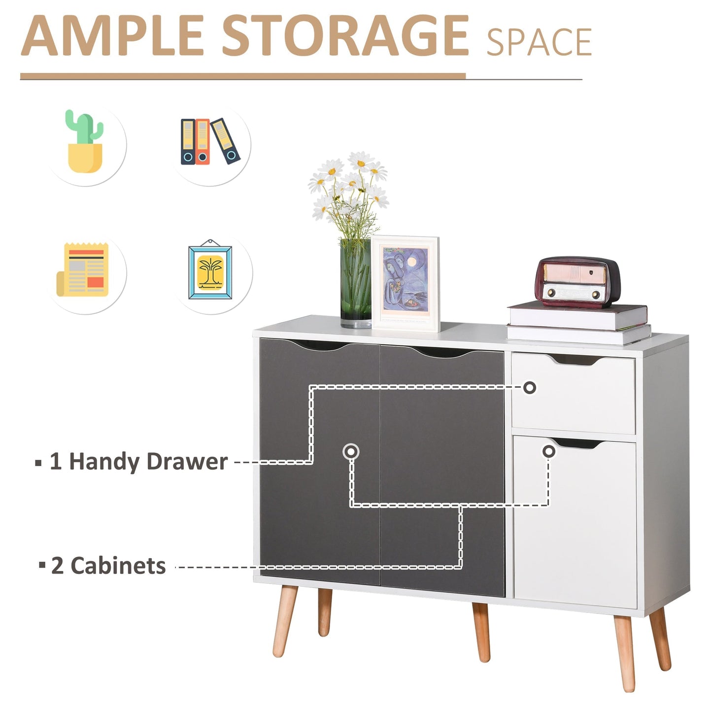 HOMCOM Sideboard Floor Standing Storage Cabinet with Drawer and Solid Wood Legs for Bedroom, Living Room, Home Office, Grey