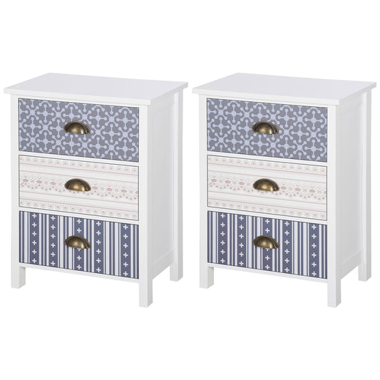 HOMCOM Bedside Table Set of 2 Chest of 3 Drawers Shabby Chic Nightstands with Metal Handle Sofa Side Table for Living Room, Bedroom,Purple