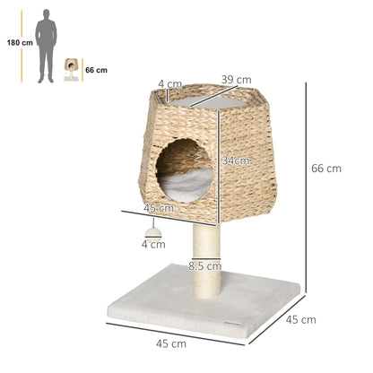 PawHut Cat Tree Tower Climbing Activity Center Kitten Furniture with Cattail Fluff Bed Condo Sisal Scratching Post Hanging Ball 45 x 45 x 66cm Natural