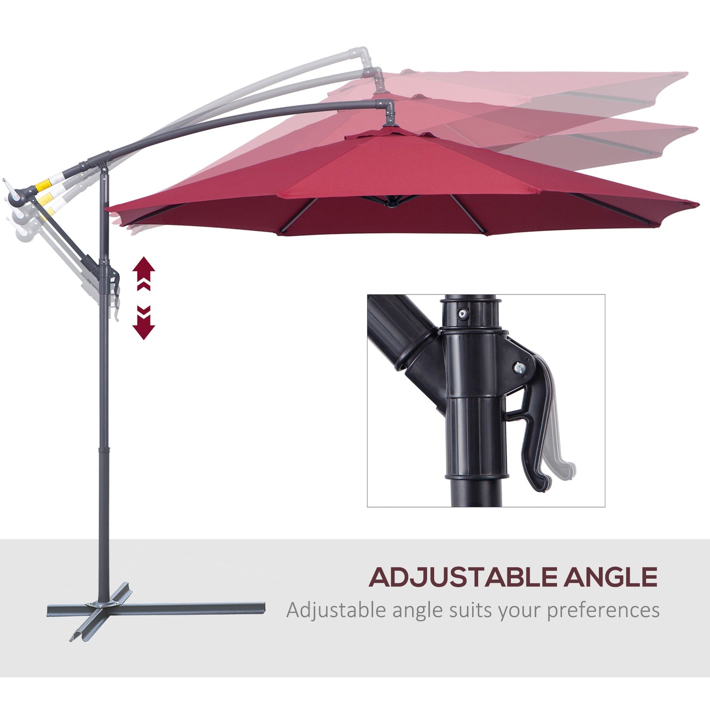 Outsunny 3(m) Garden Banana Parasol Hanging Cantilever Umbrella with Crank Handle and Cross Base for Outdoor, Sun Shade, Wine Red