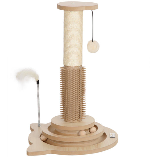 PawHut 49cm 5 in 1 Cat Scratching Post with Sisal Post, Track Ball, Self Grooming Brush, Hanging Toy Ball, Feather, Oak Tone