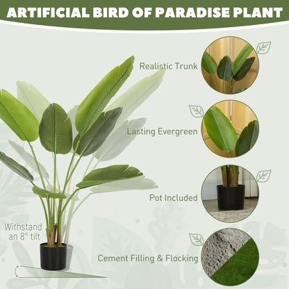 HOMCOM 109cm Artificial Bird of Paradise Plant, Faux Banana Leaf Tree with PEVA Leaves and Flocking, Decorative Palm Tree in Pot for Home Office Decor, Green