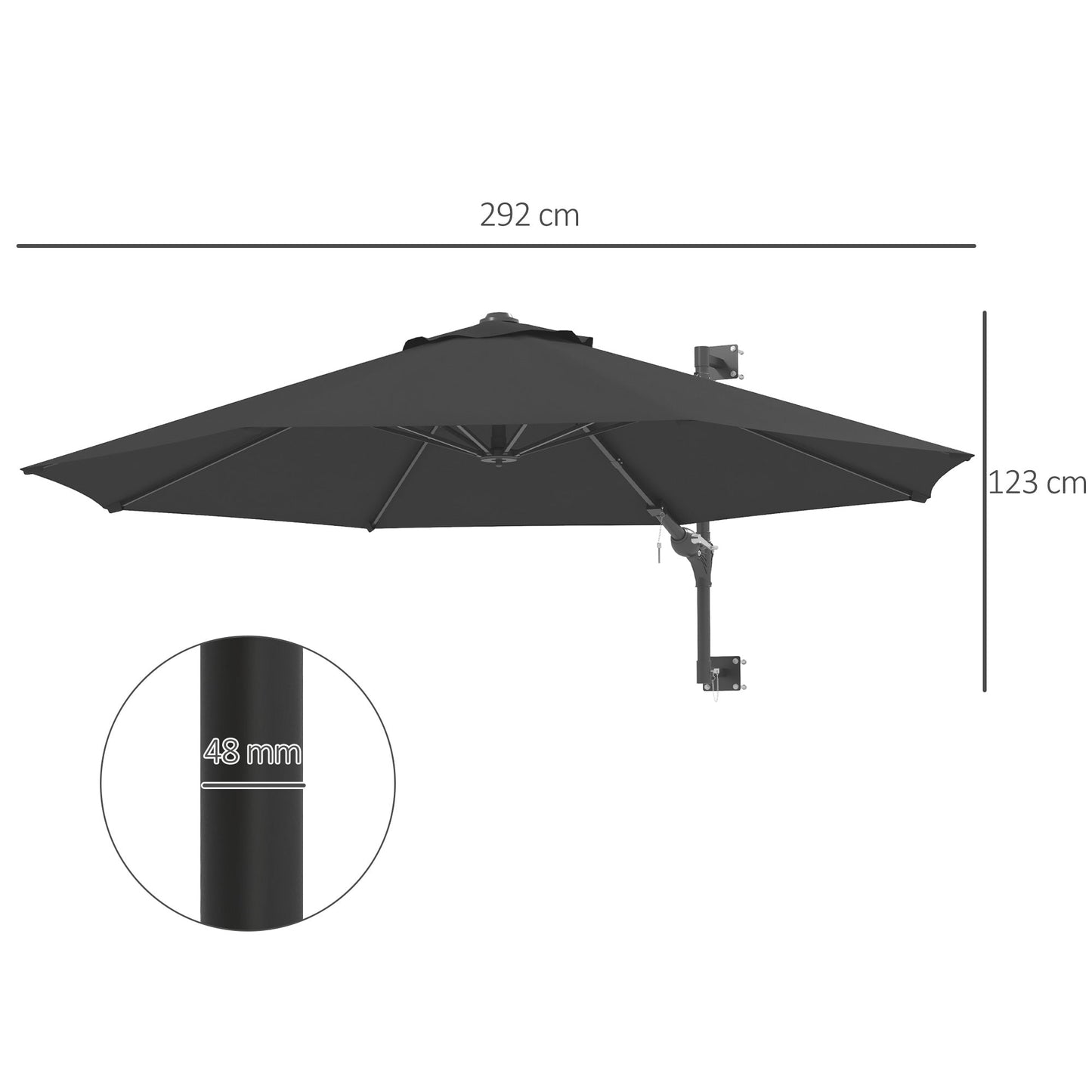 Outsunny Wall Mounted Umbrella with Vent, Garden Patio Parasol Umbrella Sun Shade Canopy, Charcoal Grey