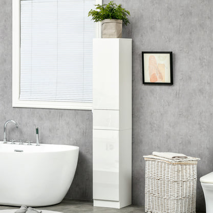 kleankin Luxury Tall Bathroom Cabinet with High Gloss Panel, Sleek White Bathroom Cabinet with Push-to-Open Door, White