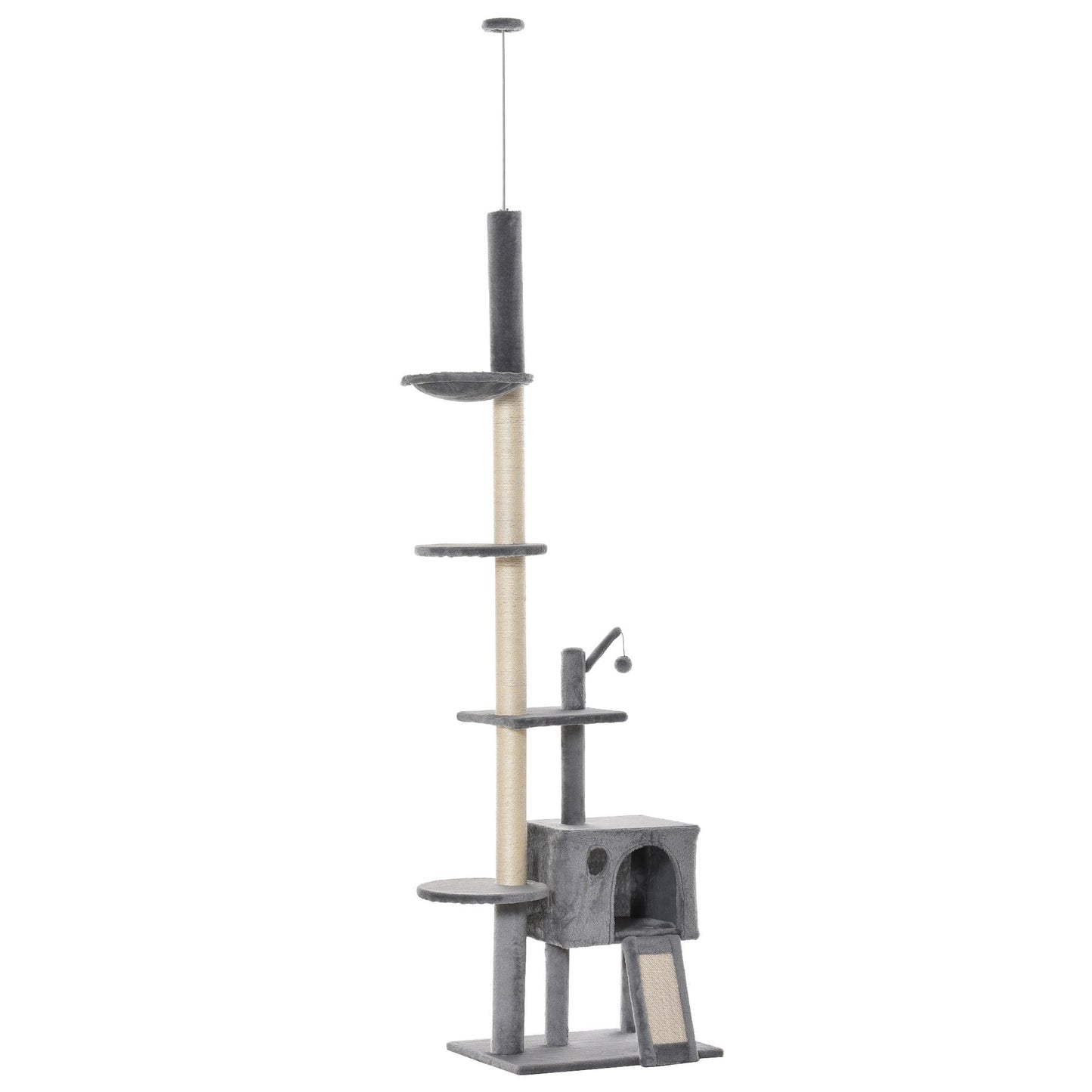 PawHut 280cm Huge Cat Tower Activity Center Floor-to-Ceiling Cat Climbing Toy with Scratching Post Board Hammock Hanging Ball Rest Light Grey