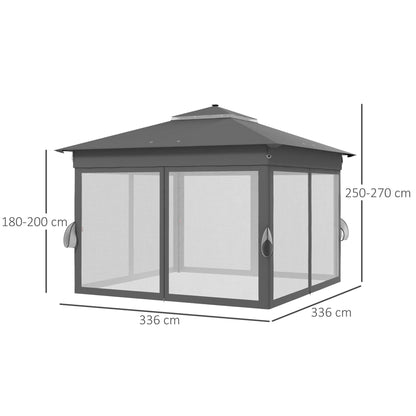 Namiot imprezowy Outsunny 3 x 3(m) z rozkładanym dachem i oświetleniem LED zasilanym energią słoneczną, regulowanym zadaszeniem na imprezy z siatką, szary