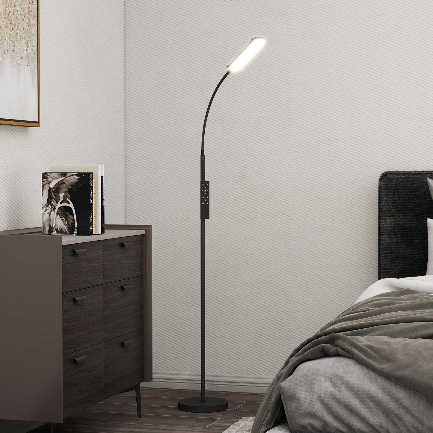 HOMCOM LED Floor Lamp, Standing Lamp with Remote & Touch Control, Stepless Dimmable Colours Temperature & Brightness, 360Â° Adjustable Gooseneck, 1 Hour Timer, Memory Function for Living Room, Black