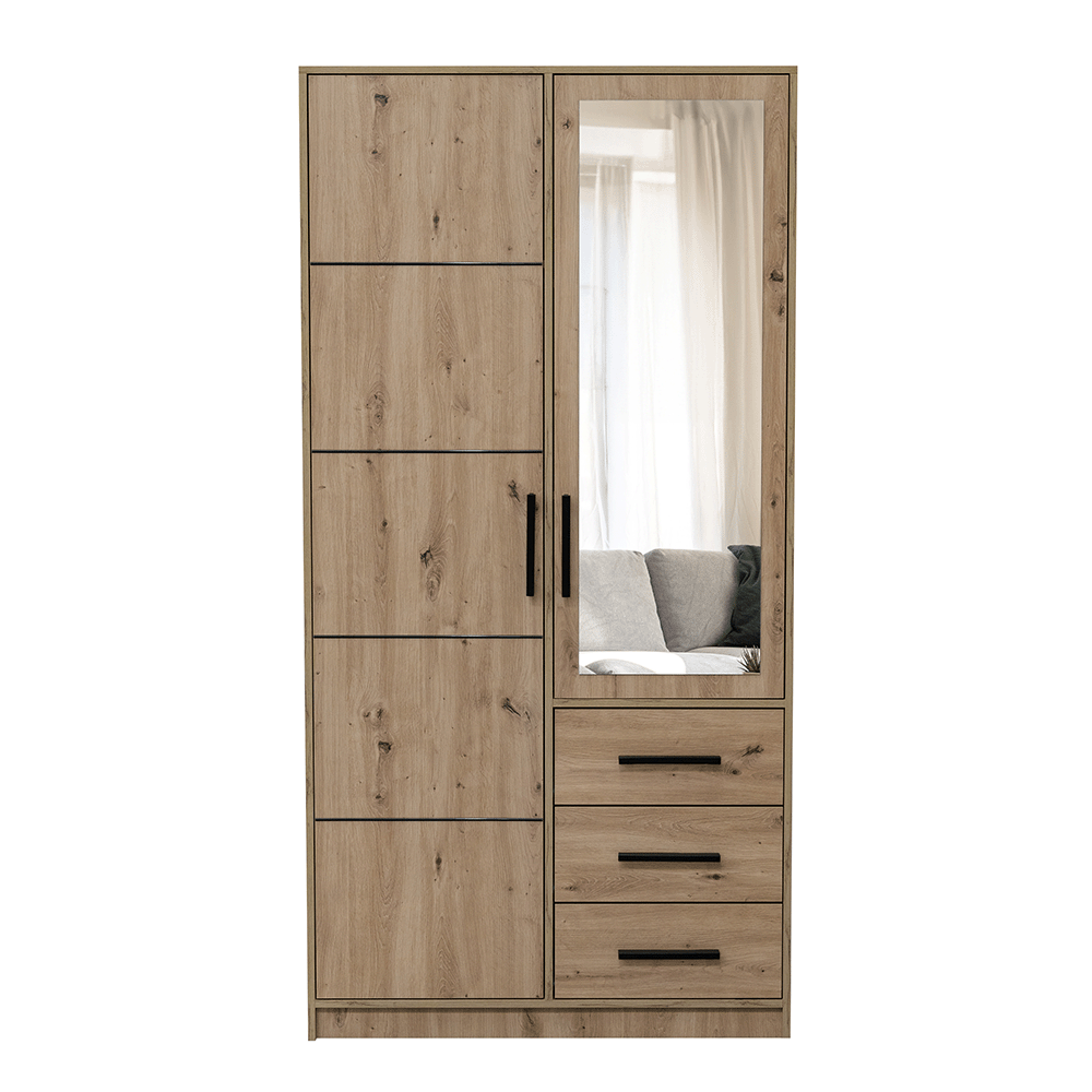 Oak Artisan Mirrored Hinged Door Wardrobe 100cm – TELFORD D2