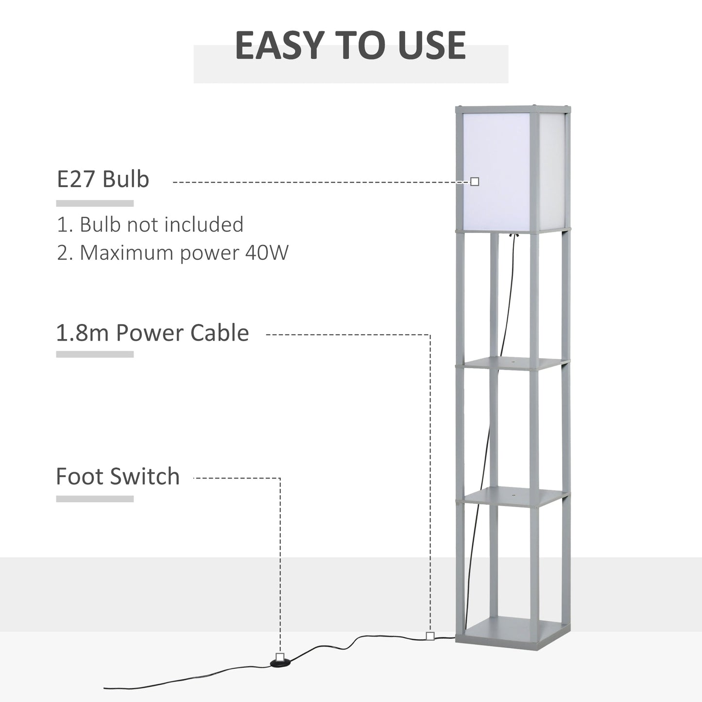 HOMCOM 3-Tier Floor Lamp, Floor Light with Storage Shelf, Reading Standing Lamp with Acrylic Shade for Living Room, Bedroom, Kitchen, Dining Room, Office, Dorm, 160cm, Grey