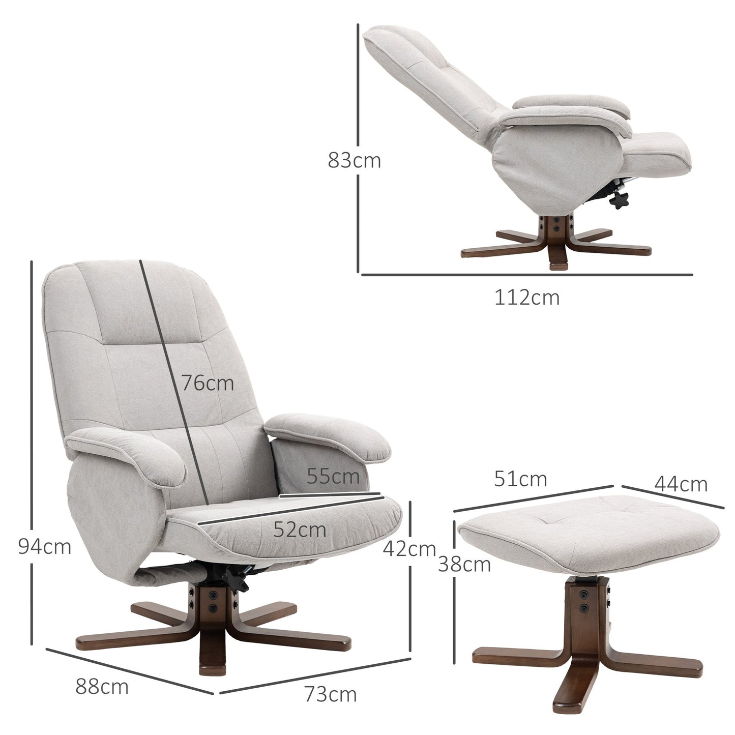 HOMCOM Linen Swivel Recliner Chair with Footstool, Upholstered Reclining Armchair with Wooden Base for Living Room, Light Grey