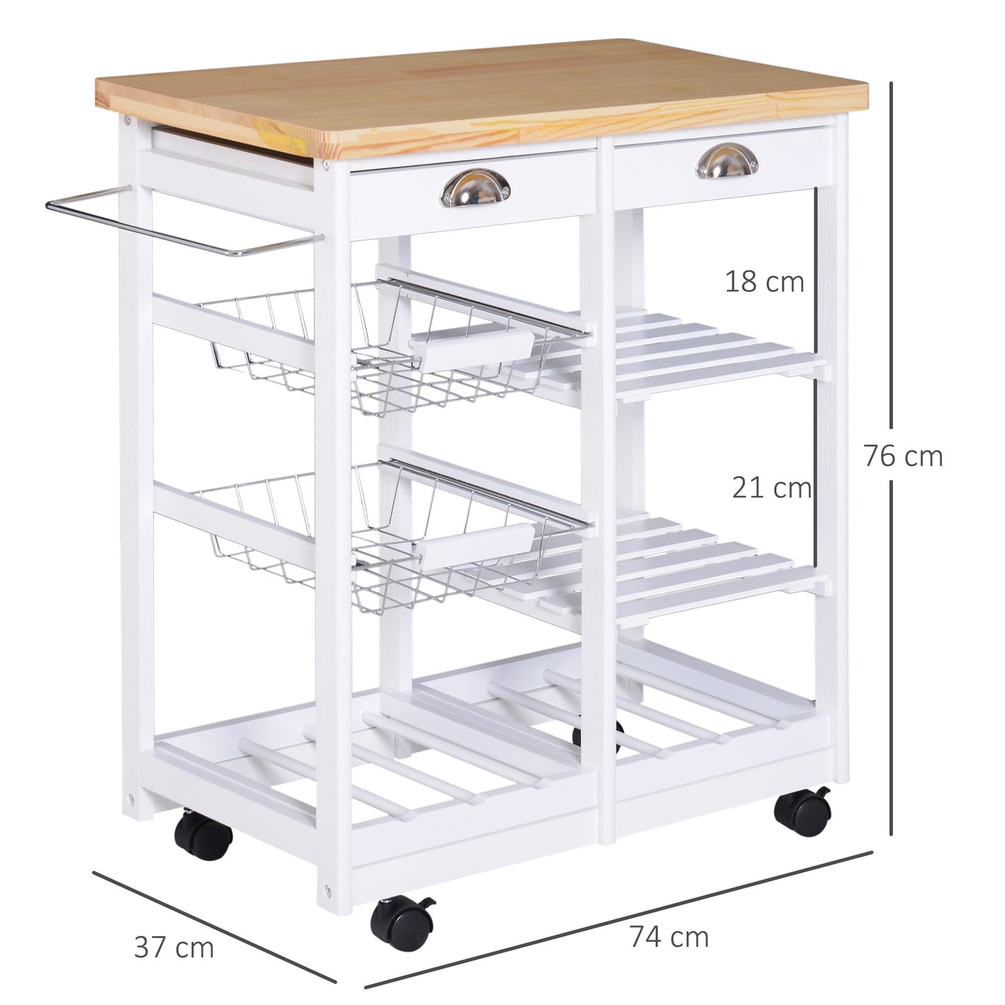 HOMCOM Rolling Kitchen Island Trolley Cart Drawer Shelves Basket Wheels W/ 6 Bottle Wine Rack White