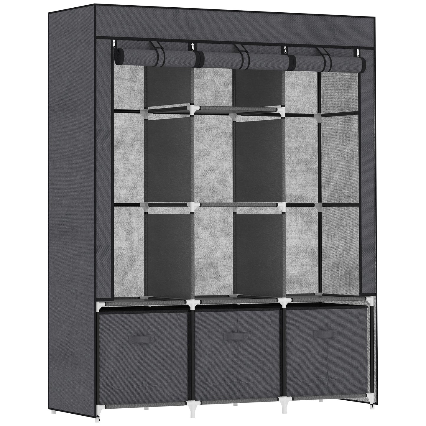 Fabric Wardrobe, Portable Wardrobe with 5 Shelves, 2 Hanging Rails and 3 Fabric Drawers, Foldable Closets, 125 x 43 x 162.5cm, Dark Grey