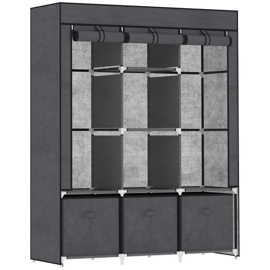 Fabric Wardrobe, Portable Wardrobe with 5 Shelves, 2 Hanging Rails and 3 Fabric Drawers, Foldable Closets, 125 x 43 x 162.5cm, Dark Grey