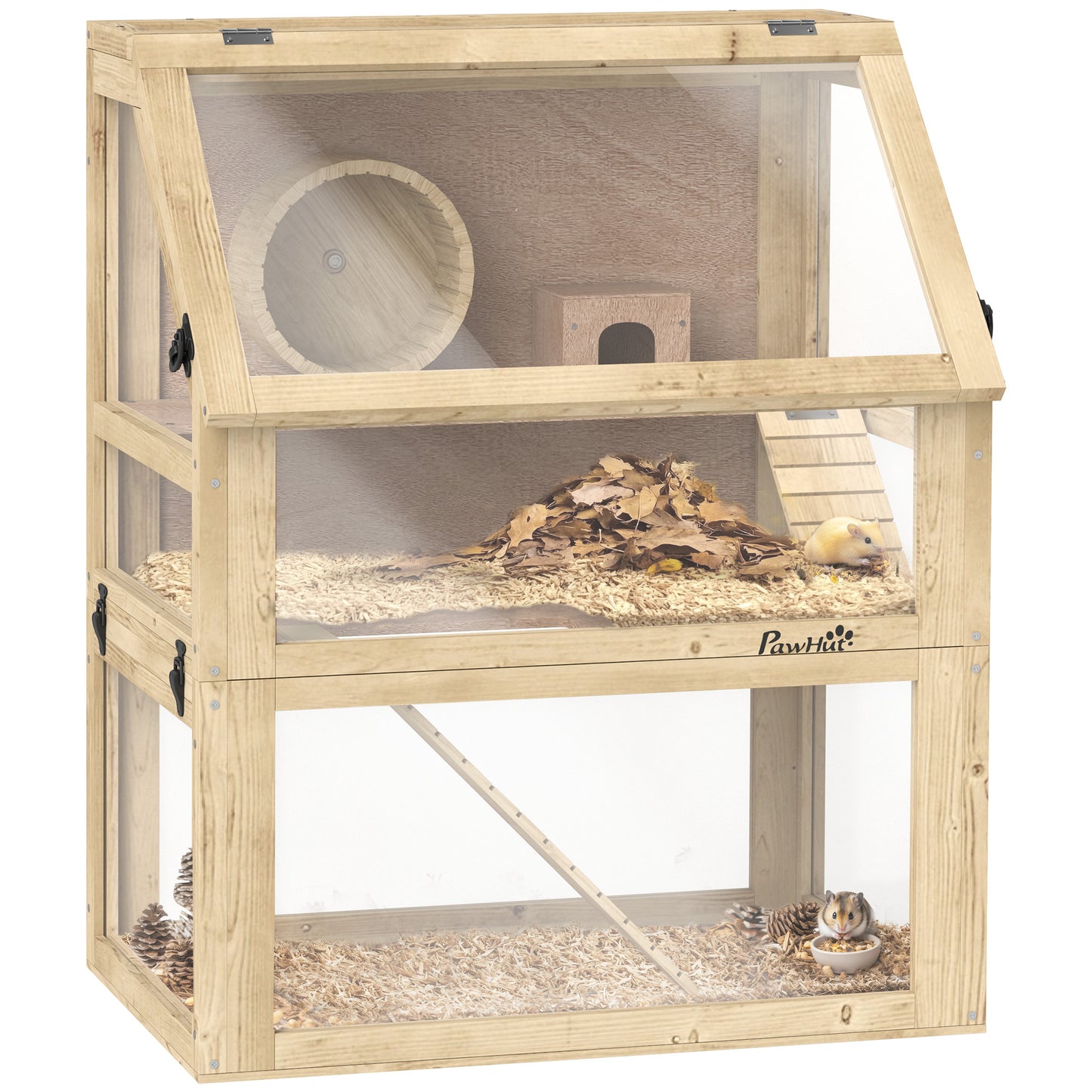 PawHut Wooden Hamster Cage with Detachable 32cm Deep Bottom, Hut, Seesaw, Exercise Wheel, Ramp, 60 x 40 x 75cm