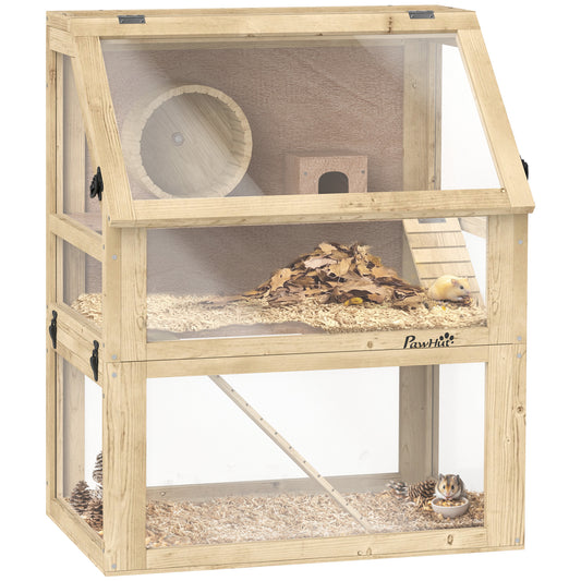 PawHut Wooden Hamster Cage with Detachable 32cm Deep Bottom, Hut, Seesaw, Exercise Wheel, Ramp, 60 x 40 x 75cm