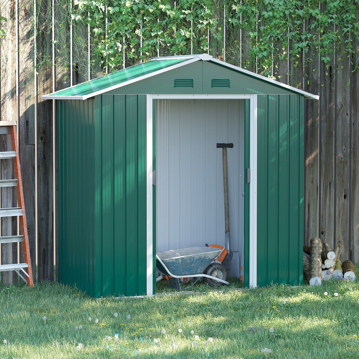 Outsunny 6.5ft x 3.5ft Metal Garden Storage Shed for Outdoor Tool Storage with Double Sliding Doors and 4 Vents, Green