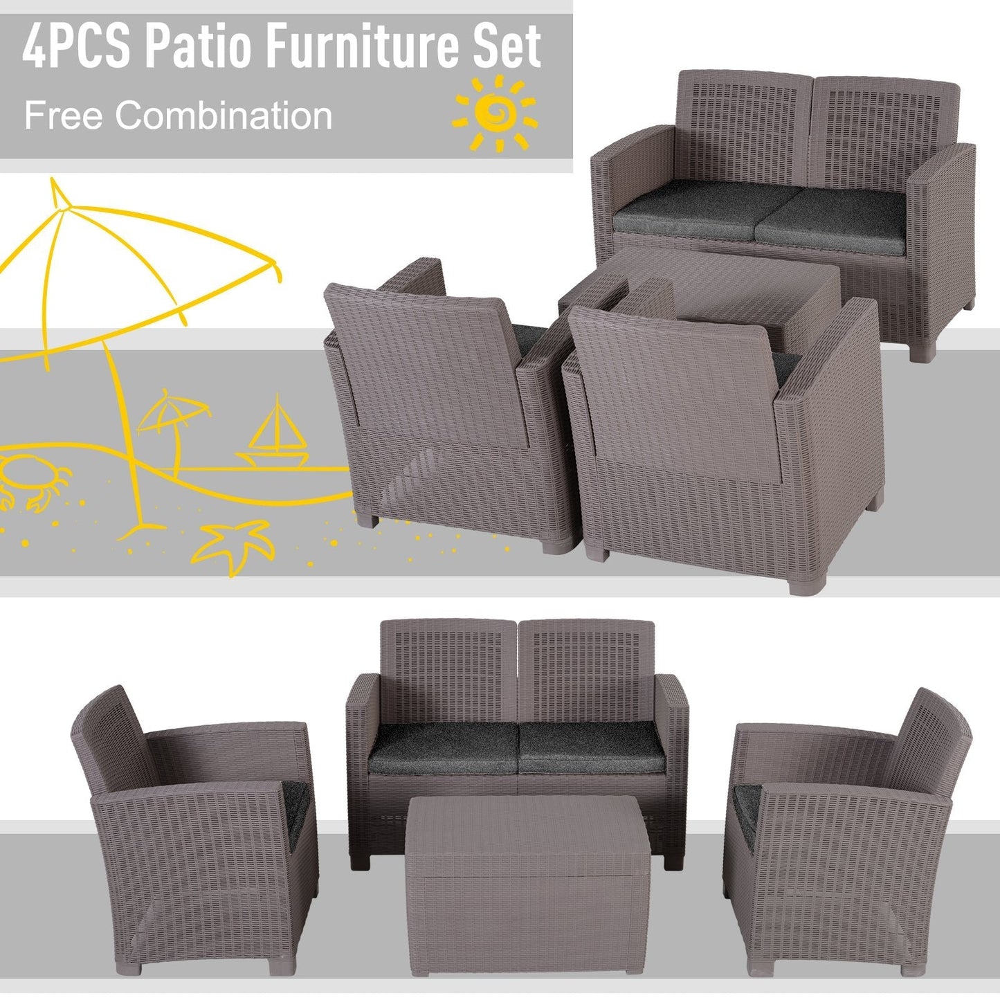 Outsunny 4-Seater Outdoor Garden PP Rattan Effect Furniture Set w/ Cushion Grey