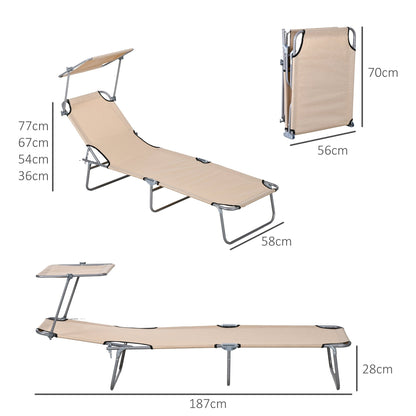 Outdoor Foldable Sun Lounger Set of 2 Reclining Sun Lounger Chair With Angle Adjust Sun Shade Awning for Beach, Garden, Patio, Brown