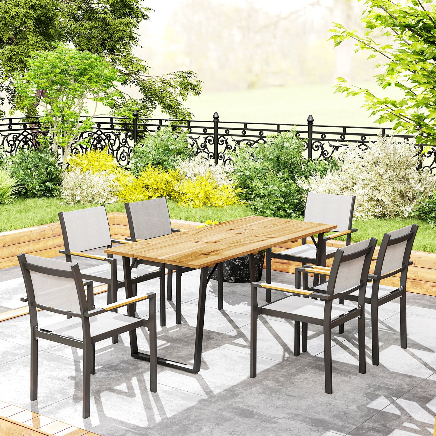 Stół ogrodowy Outsunny, 6 miejsc, drewniany, prostokątny, 175 x 80 cm, z otworem na parasol o średnicy 5 cm i blatem z listew, odporny na warunki atmosferyczne, idealny na patio lub taras, brązowy