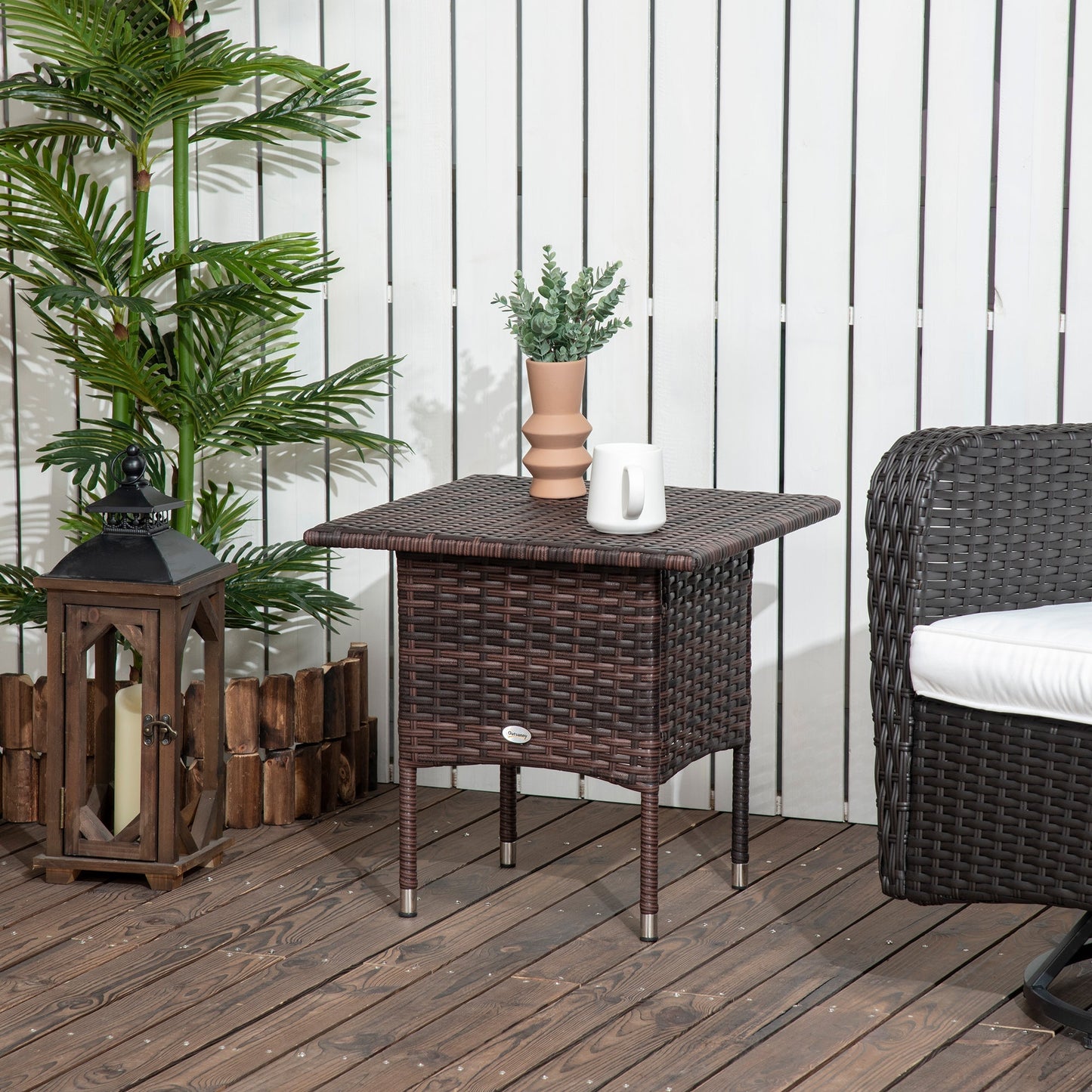 Outsunny Outdoor Rattan Side Table Coffee Table with Plastic Board, Full Woven Table Top for Patio, Garden, Balcony, Mixed Brown