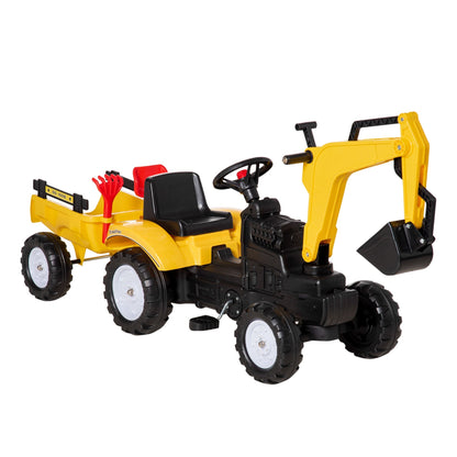 Ride-on Toy Pedal Digger Construction Car with Horn & Detachable Trailer, Yellow