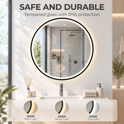 HOMCOM Bathroom Mirror with LED Lights, 60cm Round LED Bathroom Mirror with 3 Colours Dimmable, Bluetooth, Anti-Fog, Black