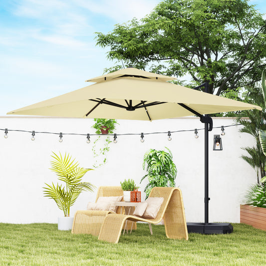 Outsunny 2.7 x 2.7(m) Cantilever Parasol with Aluminium Frame, Crank and Tilt, 360√Ç¬∞ Rotation, Double Top Garden Umbrella with Base and Cover, Khaki