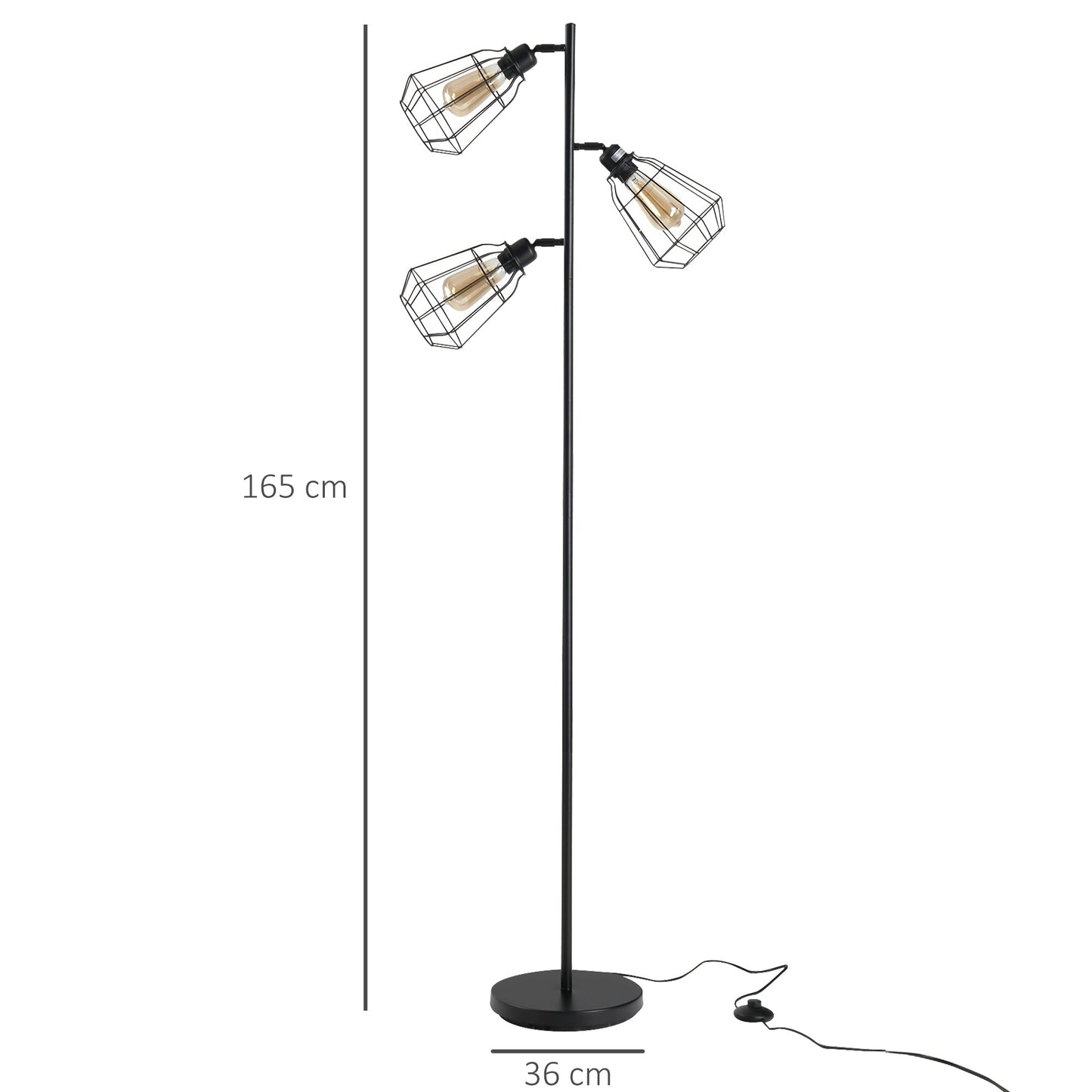 Retro Practical Tree Floor Lamp 3 Angle Adjustable Lampshade Steel Base for Living Room Bedroom Office Black 165cm