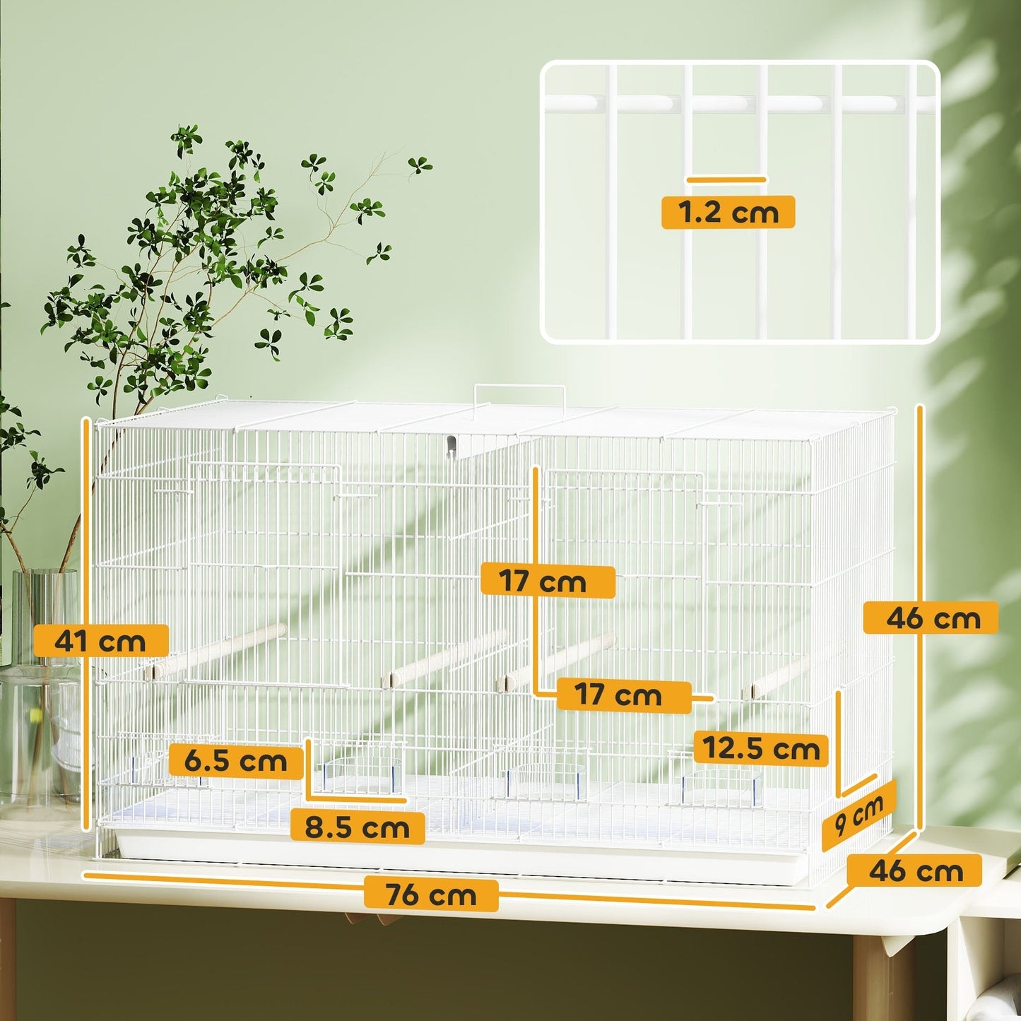 PawHut Bird Cage with Divider, 4 Wooden Perches, Slide Out Tray, 4 Feeders, for Budgie, Lovebird, Canary, 76 x 46 x 46cm, White