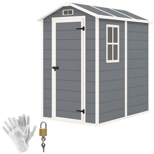 Outsunny 4 x 6ft Garden Shed, plastikowa szopa z podłogą, oknem, zamykanymi drzwiami i otworami wentylacyjnymi, żywiczna szopa na narzędzia do przechowywania na patio, zerowa konserwacja, szara