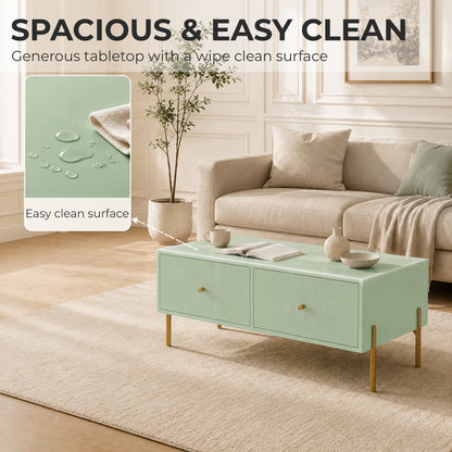 HOMCOM Modern Coffee Table, Living Room Table with Storage, 2 Drawers and Metal legs for Bedroom, Light Green