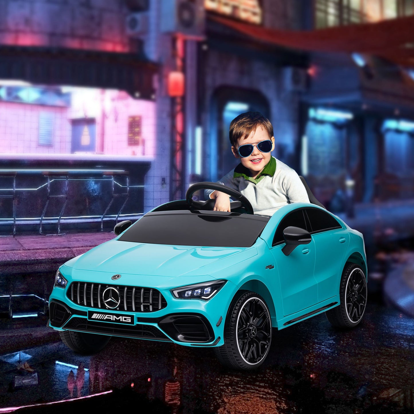 AIYAPLAY Mercedes-Benz AMG CLA 45 Licencjonowany 12V Elektryczny Samochód Dla Dzieci Jeździk z Pilotem, Światła Zawieszenia, Klakson Muzyczny - Jasnoniebieski