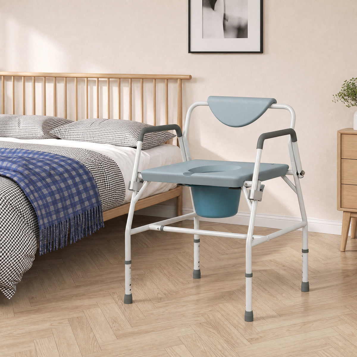 HOMCOM Height Adjustable Bedside Commode, Heavy Duty Commode Toilet Chair with Flip-Up Arms, White and Grey