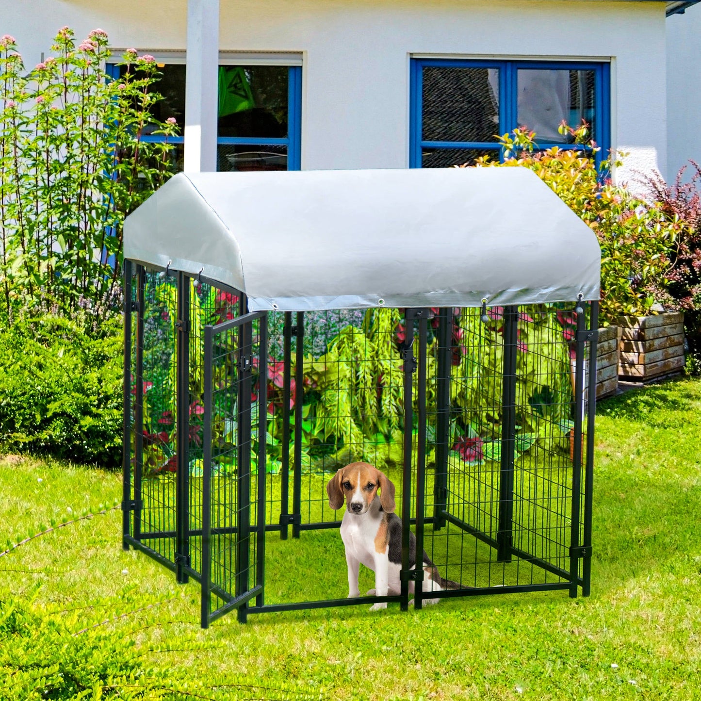 PawHut Outdoor Dog Kennel, Metal Playpen Fence Dog Run with UV-Resistant Canopy and Locks, for Small and Medium Dogs, 120 x 120 x 138cm