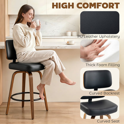 HOMCOM Bar Stools 360° Swivel Breakfast Bar Stools Padded PU Seat Footrest Set of 2 Black