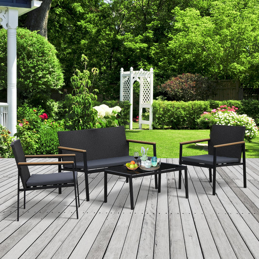 Zestaw mebli ogrodowych Outsunny 4PC z rattanu 2 pojedyncze sofy, fotele, 1 ławka z poduszkami i stolik kawowy Patio Backyard Wicker Weave