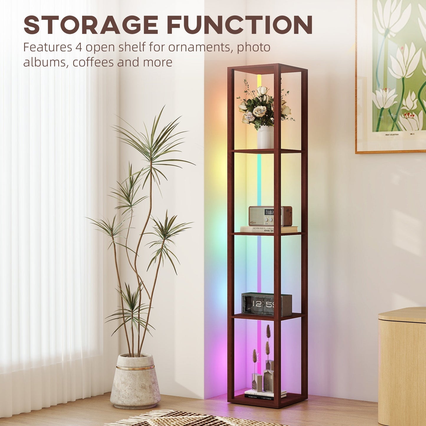 HOMCOM RGB LED Floor Lamp with Shelves, Modern Dimmable Standing Lamp with Remote Control, Adjustable Brightness & Speed for Living Room, Bedroom, Office, Brown
