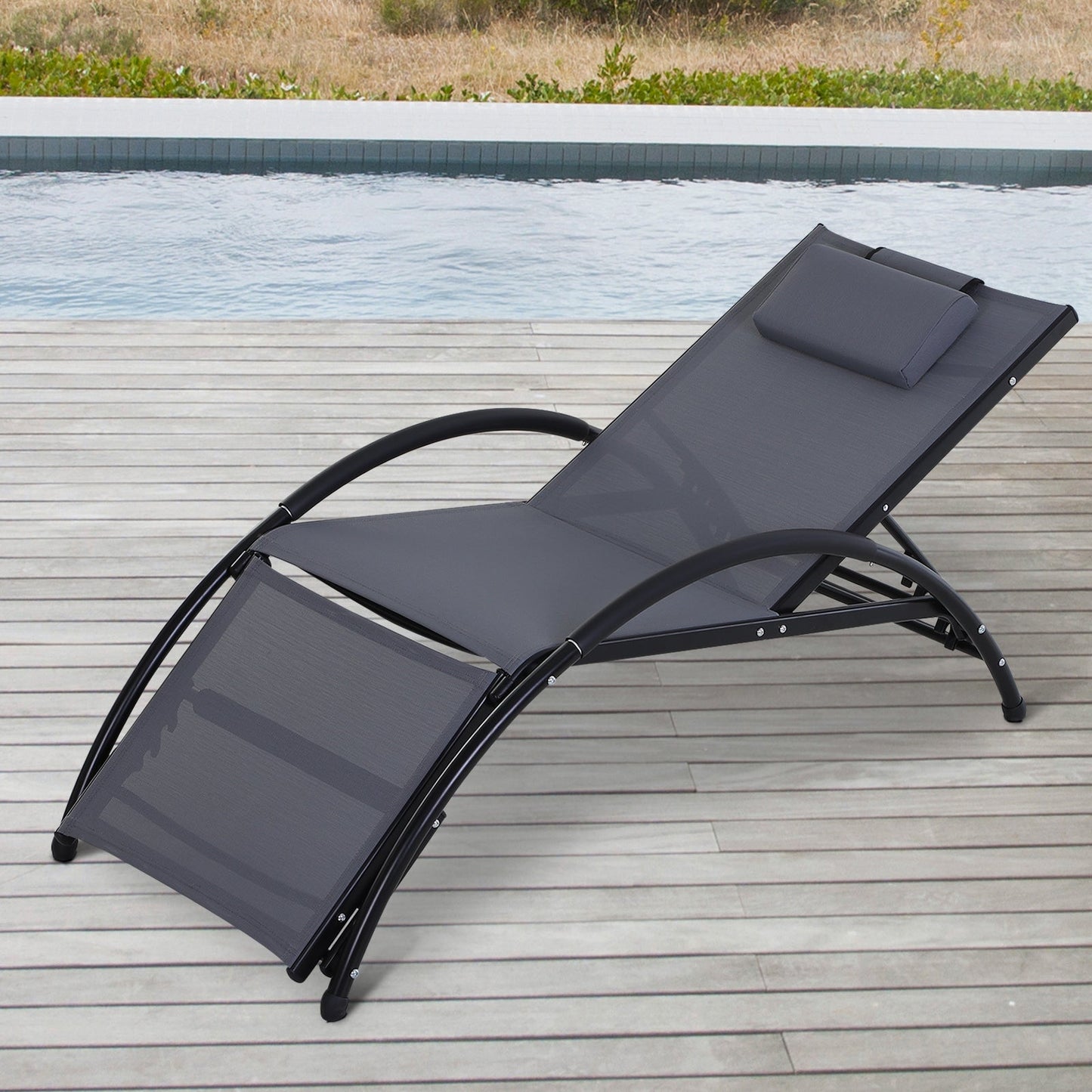 Outsunny Garden Patio Sun Lounger مسند ذراع نصف دائرة قابل للتعديل مسند للقدمين إطار من الألومنيوم مقعد ووسادة للحديقة في الهواء الطلق - رمادي