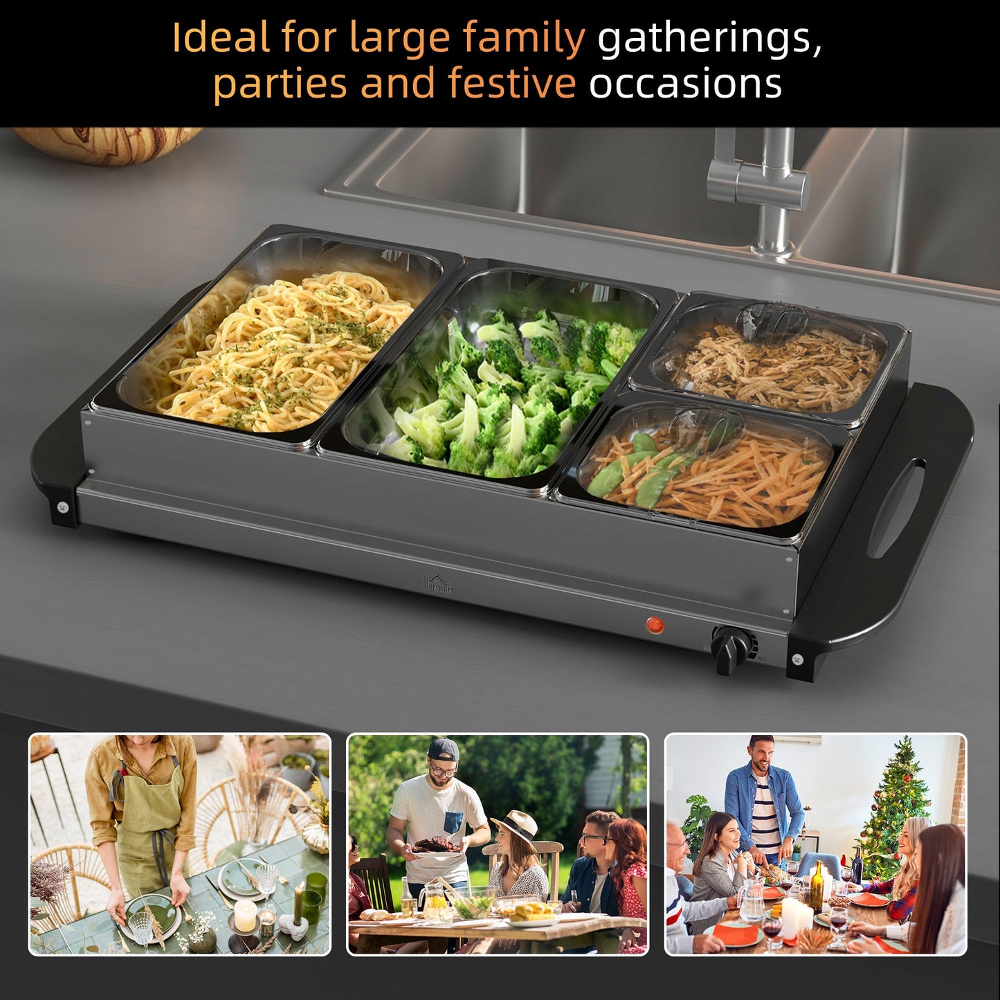 4 Tray Electric Food Warmer Buffet Server with Plate Warmer Function, Cool Touch Handles, Adjustable Temperature, 300W