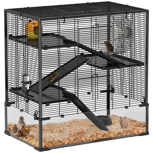PawHut Four-Tier Hamster Cage with Deep Tempered Glass Bottom, Hut, Running Wheel, Food Dish, Water Bottle, 78.5 x 48.5 x 80cm