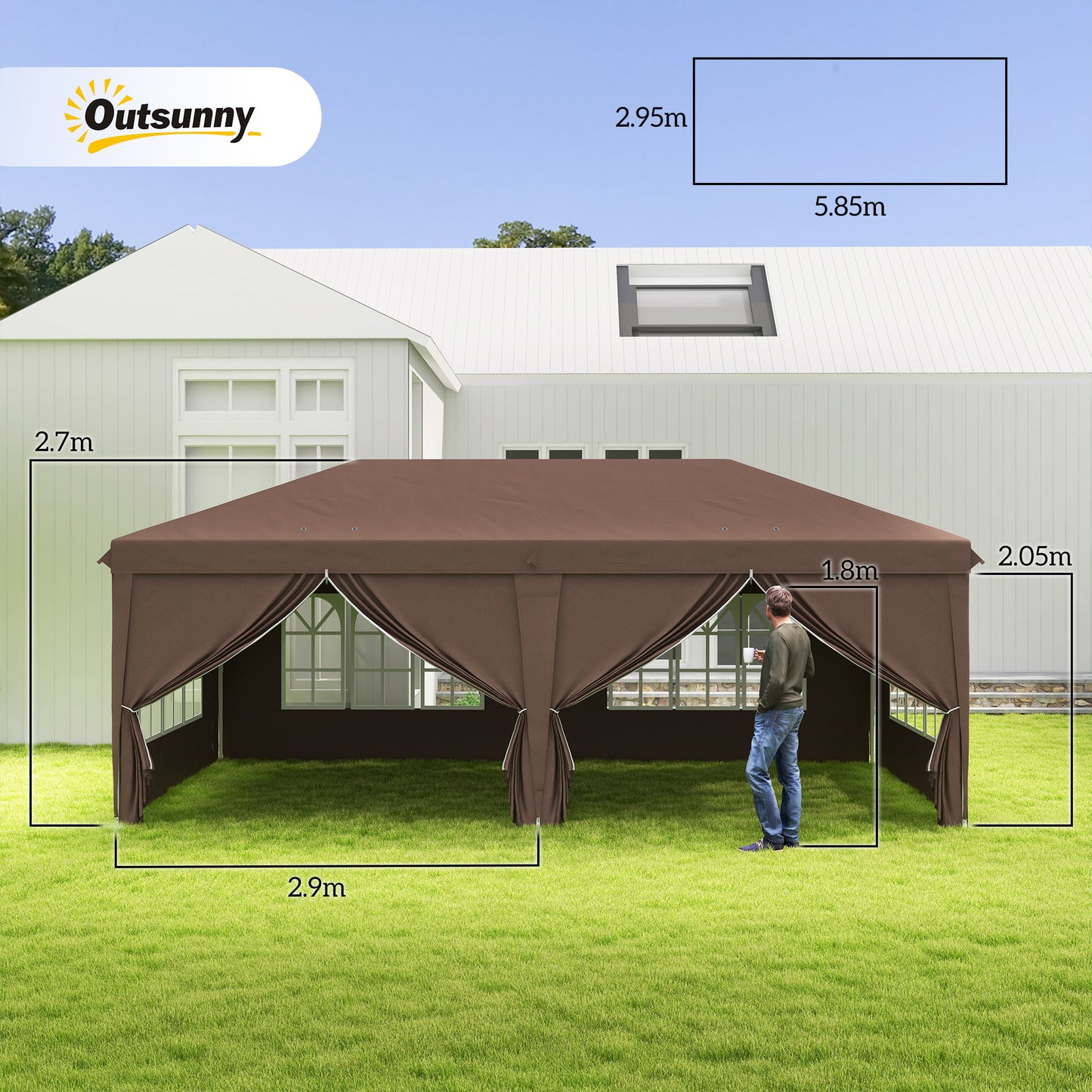 Altana rozkładana Outsunny 3 x 6 m z bokami i oknami, regulowana wysokość, namiot weselny, kempingowy, imprezowy, z torbą do przechowywania, do ogrodu i na imprezy, brązowa
