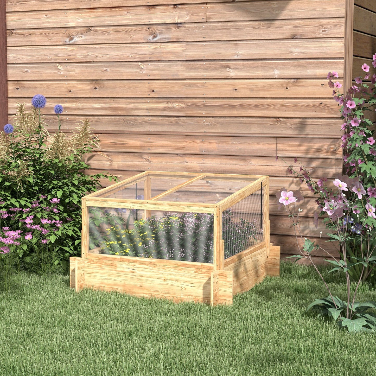 Outdoor Raised Garden Bed With Cold Frame Greenhouse And Openable Top, Wooden Elevated Planter Box For Vegetables Flowers & Herbs