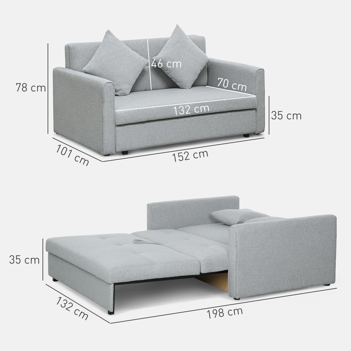 HOMCOM 2 Seater Sofa Bed with Hidden Storage, Pull Out Convertible Bed Settee, Modern Linen Loveseat Sofa Sleeper with 2 Cushions for Living Room, Guest Room, Light Grey