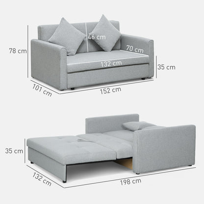 HOMCOM 2 Seater Sofa Bed with Hidden Storage, Pull Out Convertible Bed Settee, Modern Linen Loveseat Sofa Sleeper with 2 Cushions for Living Room, Guest Room, Light Grey