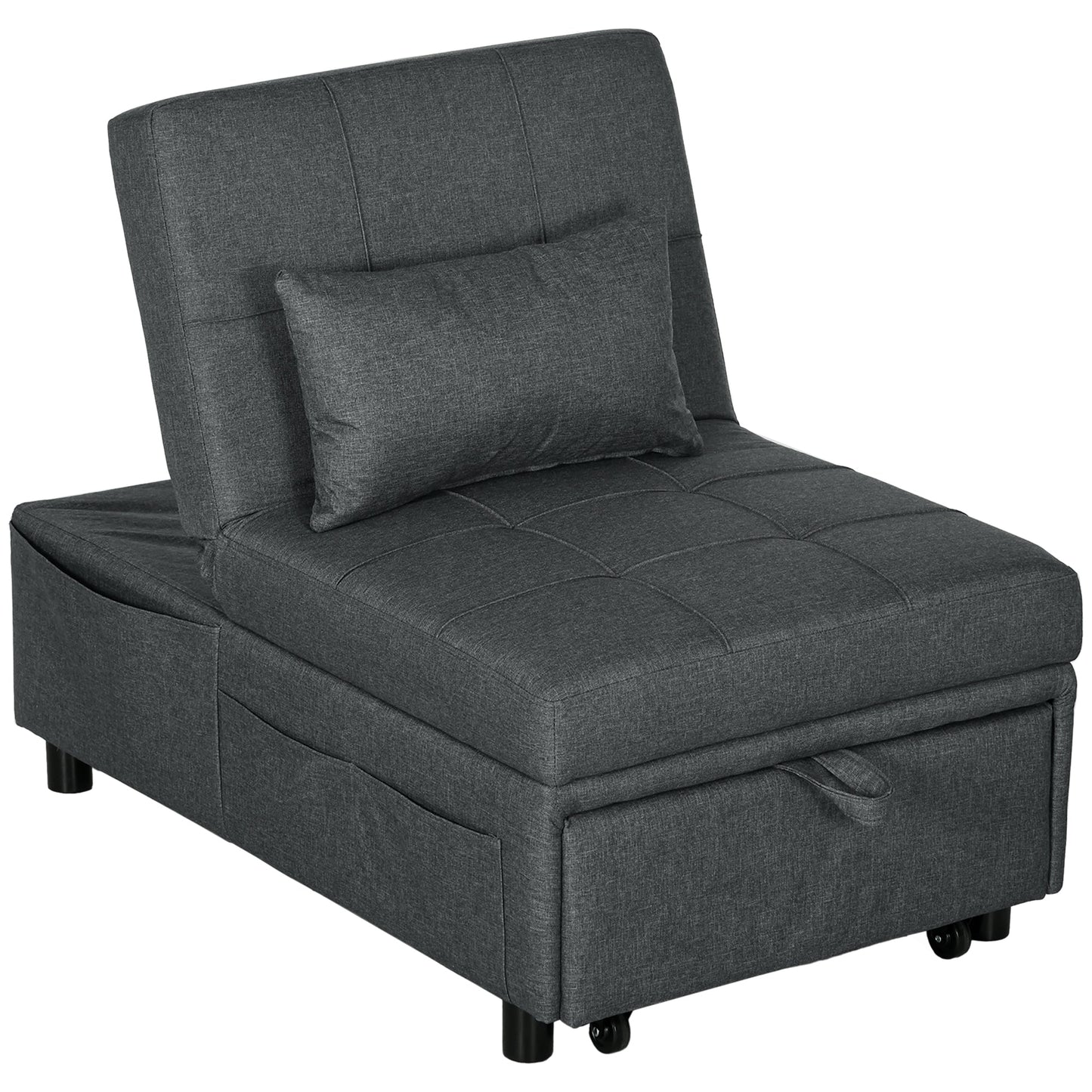 HOMCOM Fotel rozkładany z siedziskiem z wypełnieniem, 4-w-1 wielofunkcyjna sofa rozkładana z funkcją spania, fotel z regulowanym oparciem, boczna kieszeń, kółka i poduszka, do salonu, szary