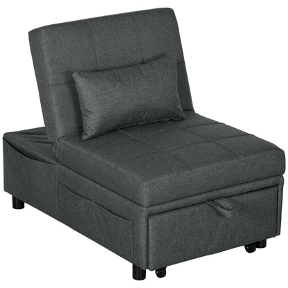 HOMCOM Fotel rozkładany z siedziskiem z wypełnieniem, 4-w-1 wielofunkcyjna sofa rozkładana z funkcją spania, fotel z regulowanym oparciem, boczna kieszeń, kółka i poduszka, do salonu, szary