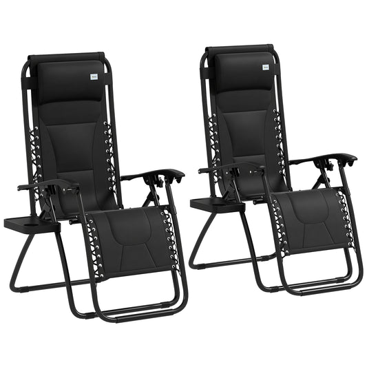 Outsunny Zero Gravity Lounger Chair Set of 2, składany rozkładany fotel ogrodowy z wyściełanym siedziskiem, uchwytem na kubek, miękką poduszką i zagłówkiem do użytku przy basenie, kempingowy, czarny