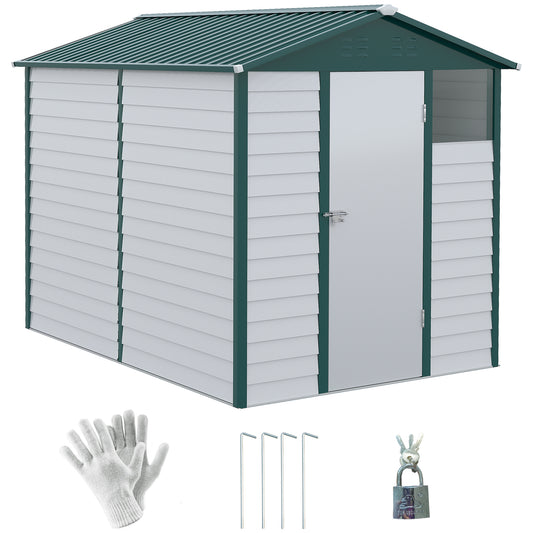 Outsunny 9x 6FT Metalowy zewnętrzny domek ogrodowy, ocynkowany domek narzędziowy ze skośnym dachem, zamykane drzwi na patio i trawnik, zielony